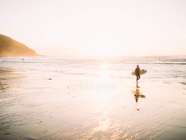 Surfista caminando en la playa . - foto de stock