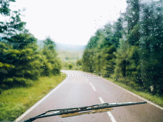 Screen wiper over forest road — Stock Photo