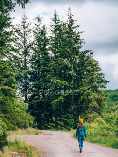 Дівчина в синьому костюмі, що йде по дорозі — стокове фото
