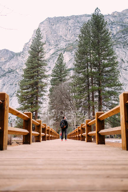 Backpacker na ponte no parque nacional da Califórnia . — Fotografia de Stock