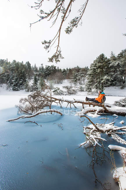 Жінка-мандрівник сидить у зимовому лісі — стокове фото