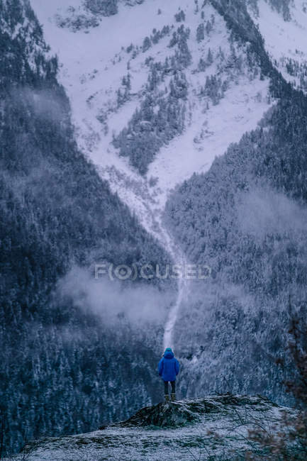 Tourist standing on cliff and  looking at forest — Stock Photo