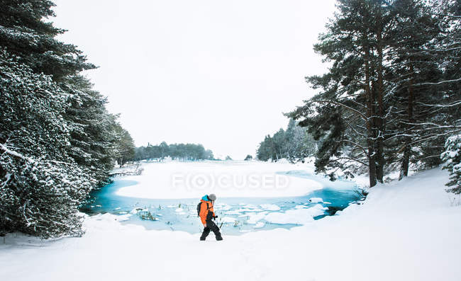 Tourist walking on winter forest — Stock Photo