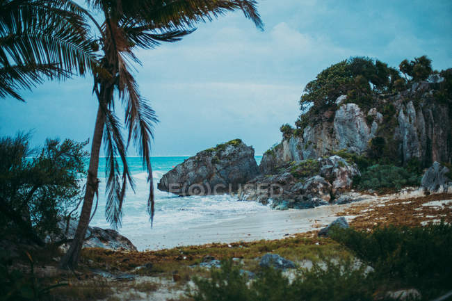 Tropical landscape of sand coastline with cliffs and palms — Stock Photo