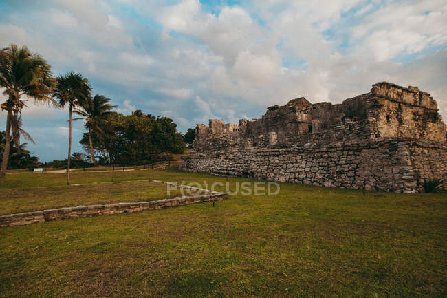 Vista panorámica de antiguas ruinas de piedra en el césped con palmeras sobre el cielo azul nublado - foto de stock