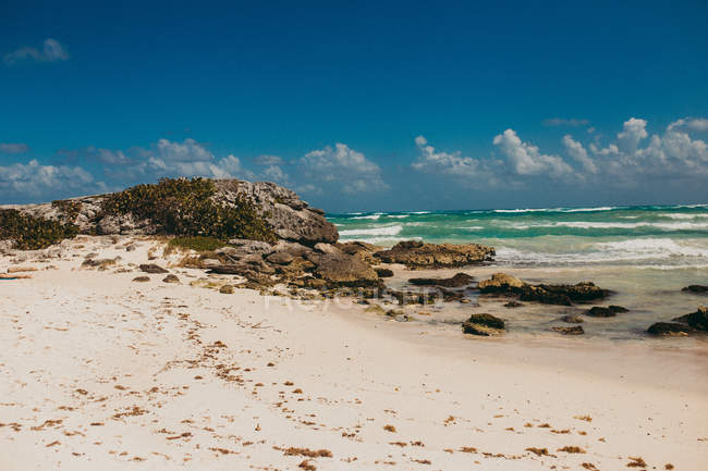 Paesaggio di spiaggia costiera tropicale con onde oceaniche surf sullo sfondo
. — Foto stock