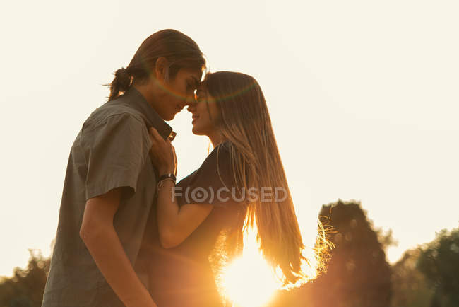 Vista laterale della coppia che abbraccia e guarda faccia a faccia al tramonto — Foto stock