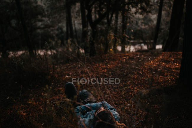 Bearded man having break in forest woods — Stock Photo