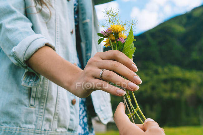 Mano femminile che prende mazzo di piccoli fiori — Foto stock