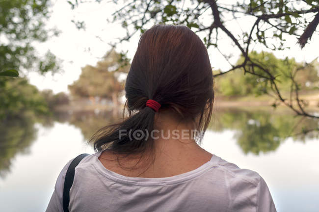 Vue arrière de la fille brune au lac — Photo de stock