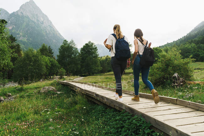 Women walking on wooden path in mountains — Stock Photo