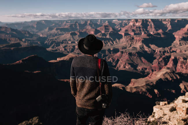 Вид сзади на человека, смотрящего на живописный пейзаж с горы — стоковое фото