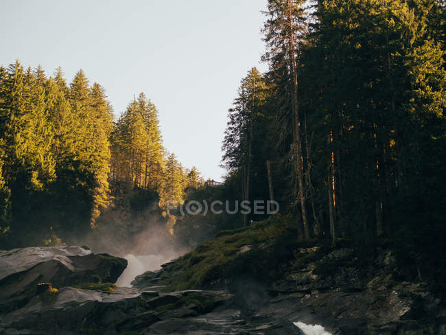 Vista para fluir entre rochas e árvores — Fotografia de Stock