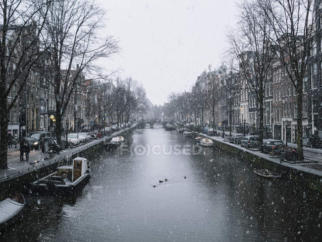 Vue sur la scène du canal de la ville le jour neigeux — Photo de stock
