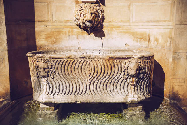 Прикрашений фонтан-барельєф з головами лева на фасаді будівлі — стокове фото