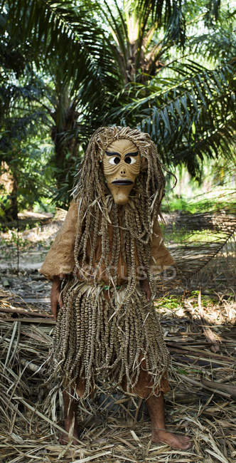 Vista frontal do ator vestindo trajes étnicos autênticos com máscara e posando no fundo da floresta tropical . — Fotografia de Stock