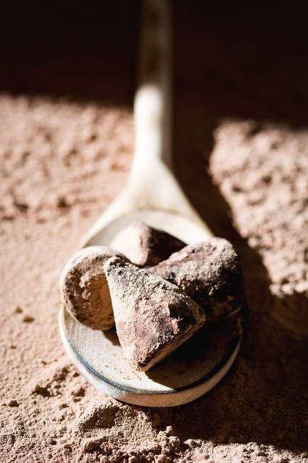 Vue rapprochée des Truffes au chocolat sur cuillère en bois — Photo de stock