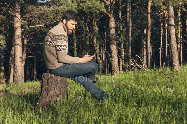 Jeune homme dans les bois profitant d'un après-midi ensoleillé — Photo de stock