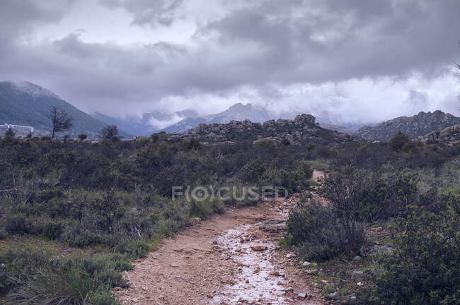 Estrada alagada até a montanha em um dia tempestuoso — Fotografia de Stock