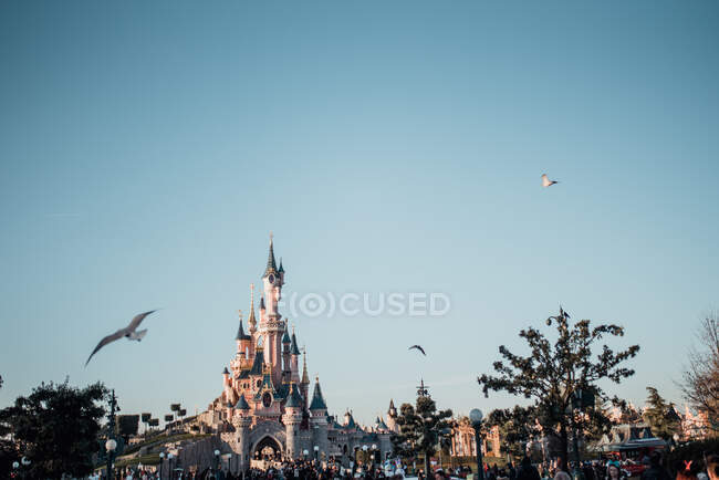 Gorgeous view of castle in Disneyland in Paris. Horizontal outdoors shot. — Stock Photo