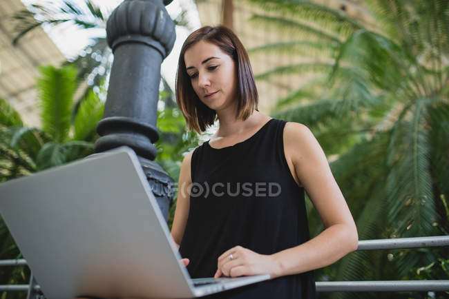 Portrait à angle bas de jeune fille brune en robe noire assise près des palmiers et utilisant un ordinateur portable sur les genoux — Photo de stock