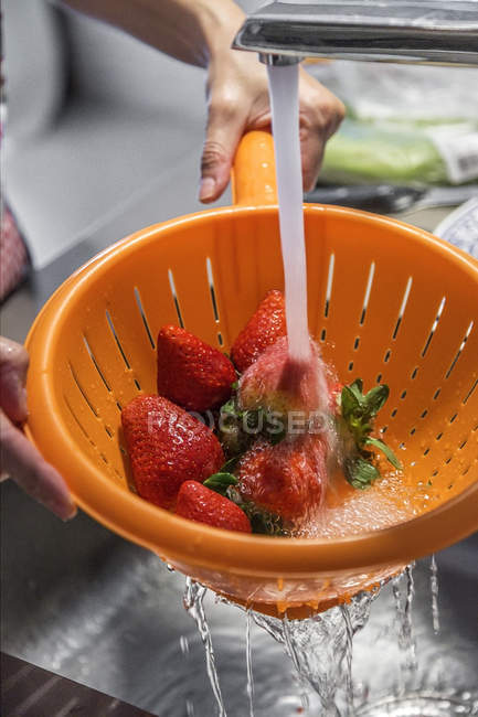 Primer plano de manos humanas lavándose fresas frescas en colador - foto de stock