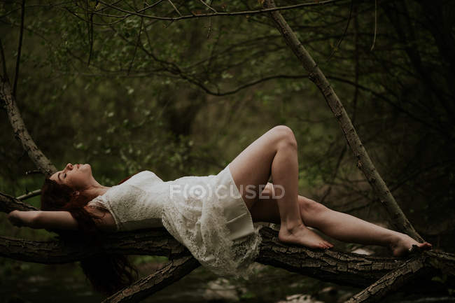 Sensual girl in white dress lying on tree branch — Stock Photo
