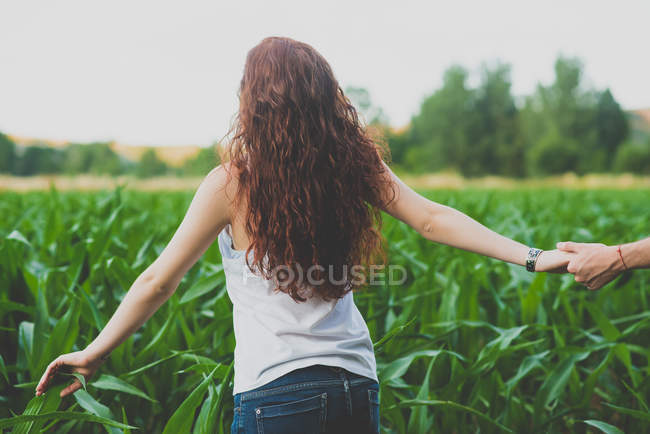 Vista posteriore della donna con lunghi capelli rossi che tengono per mano i fidanzati e camminano sul campo verde — Foto stock