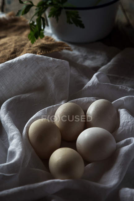Close up view of white chicken eggs on towel — Stock Photo