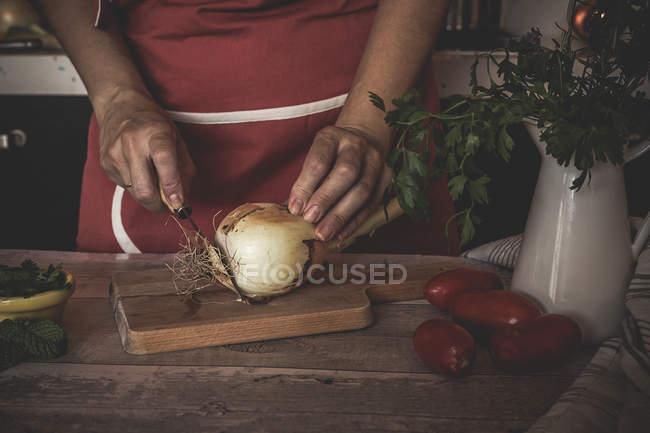Manos de cultivo rebanando cebolla sobre tabla de madera - foto de stock