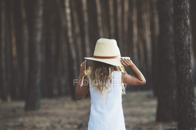 Vista trasera de la niña con sombrero y vestido blanco posando sobre el fondo del bosque . - foto de stock