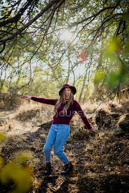 Girl fooling in forest. — Stock Photo