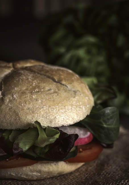 Hamburger vegano con ingredienti freschi su sfondo rustico — Foto stock