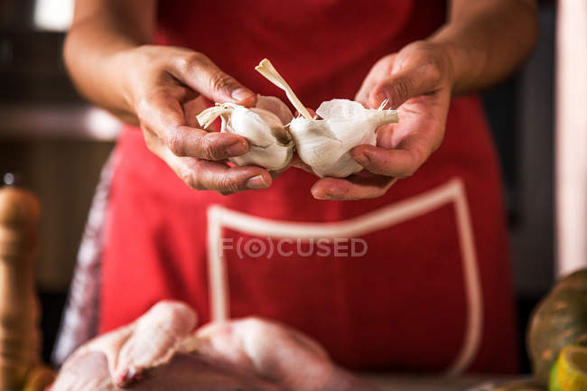 Primer plano de la mujer que prepara el pollo para asar con ajo - foto de stock