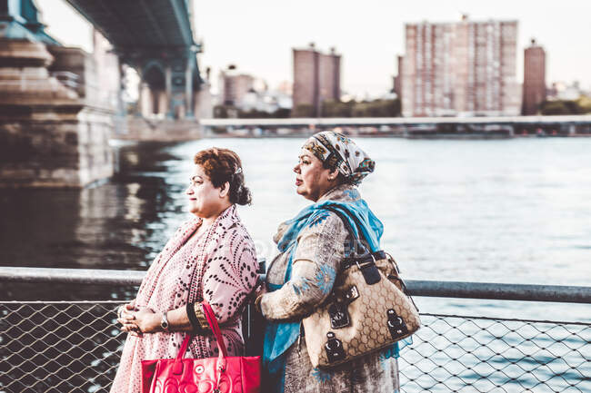 Side view of two stylish women standing at the city quay and looking away against river background — Stock Photo
