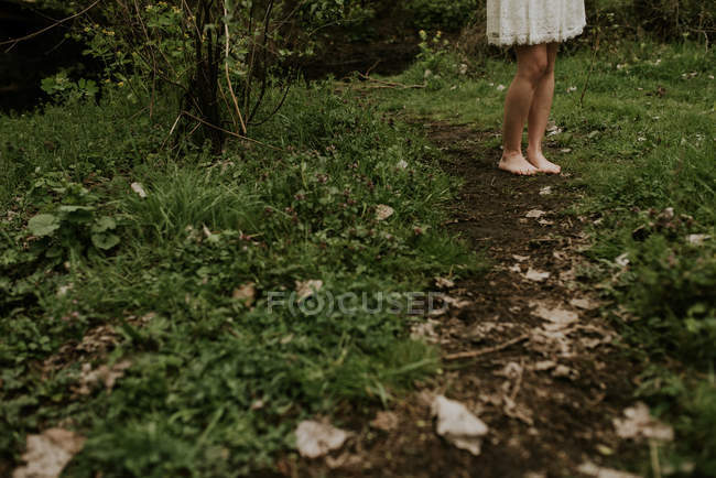 Colheita nu pernas femininas em pé na trilha — Fotografia de Stock