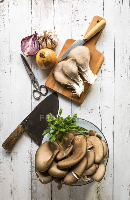 Top view of pleurotus mushrooms on plate and board over white wooden table with chopper and ingredients — Stock Photo