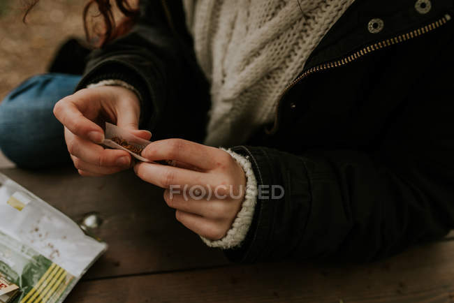 Imagen recortada manos femeninas enrollando el cigarrillo - foto de stock