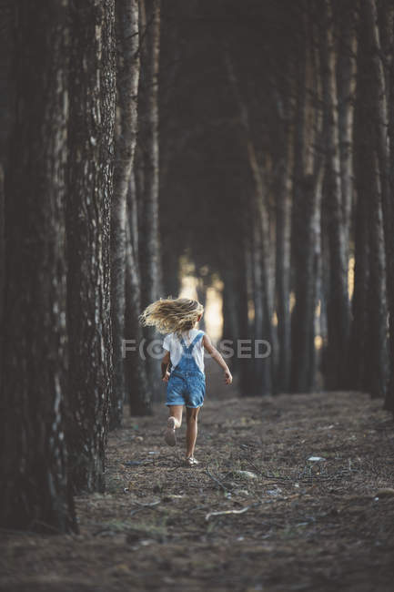 Rückansicht eines blonden Kindes, das im Wald rennt — Stockfoto