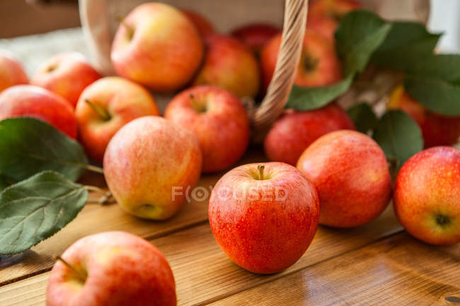 Red fresh apples falling out from basket on wooden table. — Stock Photo