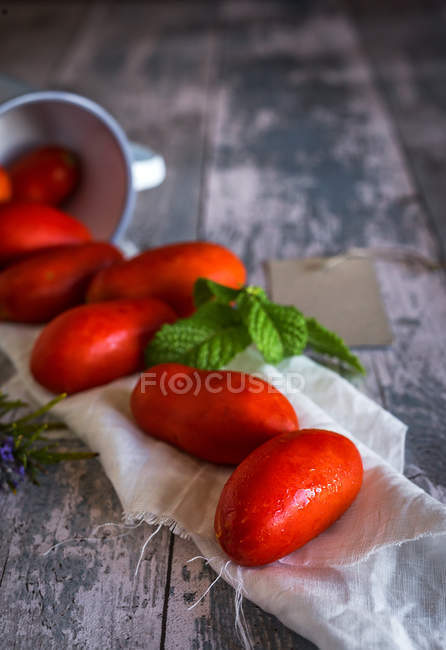 Свежие красные помидоры с листьями мяты на потрепанной деревянной поверхности — стоковое фото