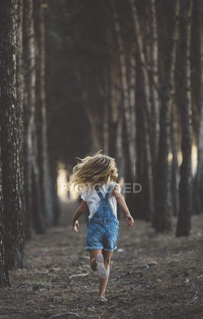 Rückseite des glücklichen Kindes, das im Wald läuft — Stockfoto