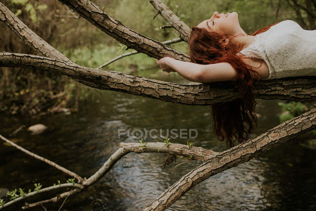 Gingembre fille couché sur flexion sur rivière arbre branche — Photo de stock