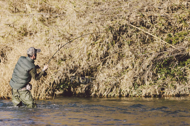 Вид сзади на рыболовецкую рыбалку с удочкой на берегу реки — стоковое фото