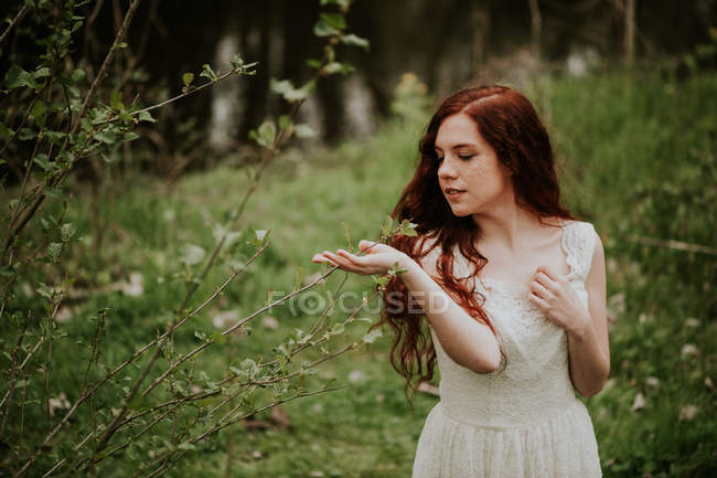 Чуттєва дівчина торкається стебла з листям — стокове фото