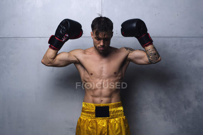 Confident shirtless muscular fighter wearing boxing gloves holding fists up. Horizontal indoors shot. — Stock Photo