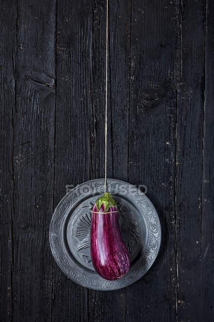 Eggplant hanging on string over silver plate — Stock Photo