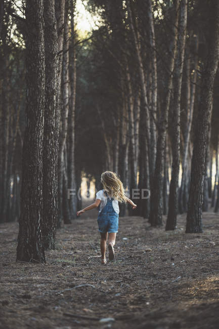 Счастливый ребенок весело бежит среди деревьев в лесу — стоковое фото