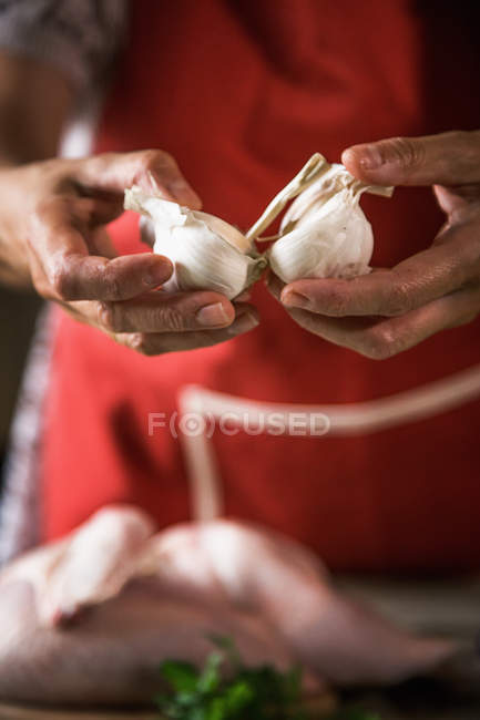 Nahaufnahme einer Frau, die Hühnchen zum Braten mit Knoblauch zubereitet — Stockfoto