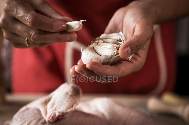 Nahaufnahme einer Frau, die Hühnchen zum Braten mit Knoblauch zubereitet — Stockfoto